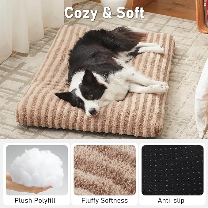 FURTIME Washable Dog Bed Large Sized Dogs, Deluxe Dog Crate Beds Comfy Fluffy Kennel Pad Anti-Slip Pet Sleeping Mat, Machine Washable Dogs Pillow, 35"x23"x3.5", Brown