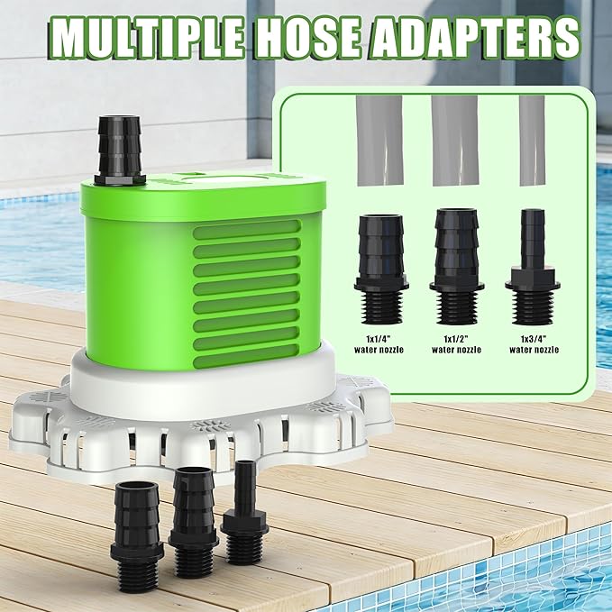 AgiiMan Pool Cover Pump Above Ground - 850 GPH Submersible Water Pump for Pool Draining, Portable Small Sump Pumps with 16' Drainage Hose and 25' Power Cord, 3 Adapters, Green