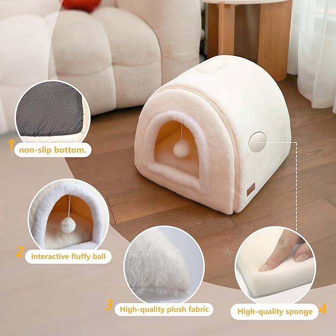 Cat Bed for Indoor Cats,2-in-1 Convertible Cat Bed & Cave,Foldable Washable Cat House,Soft and Thick Removable Inner pad, Anti-Slip Bottom,cat Tent for Kittens,Cats & Small Dogs,Cream