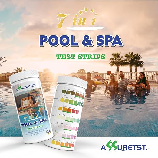 7-Way Pool Test Strips, 100 Strips Water Chemical Testing for Hot tub and Spa, Accurate Test Bromine, Total Alkalinity, pH, Free Chlorine, Total Hardness, Cyanuric Acid, and Total Chlorine