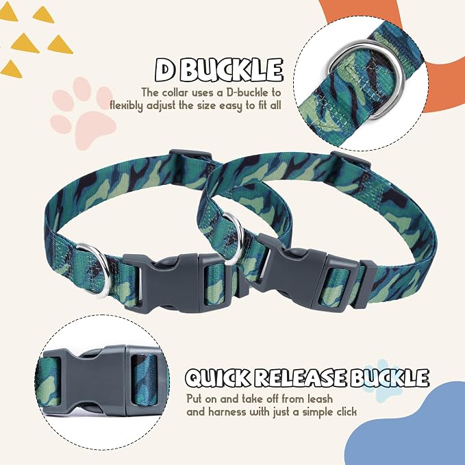 Print Patterned Dog Collar Leash Set, Adjusted Quick-Release Plastic Buckles and Heavy-Duty Steel D-Ring Nylon Collar Leash Set Strong Durable, Green Camo,M