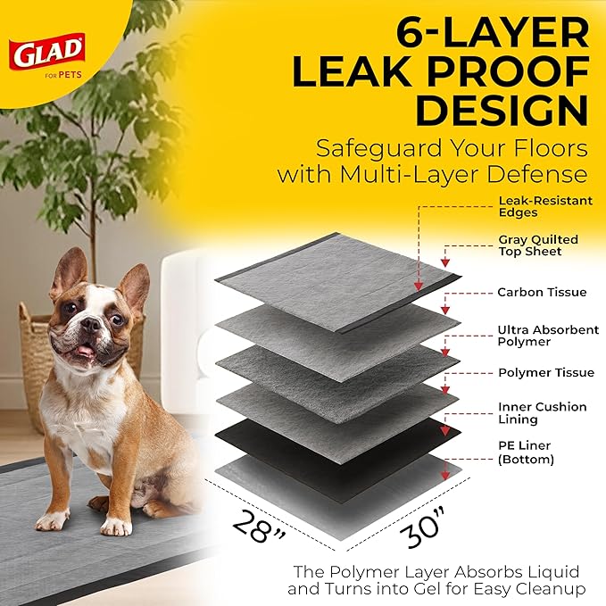 Glad for Pets Extra Large Charcoal Training Pads for Dogs and Puppies, Activated Carbon Odor Control, 6-Layer Absorbent Leak-Proof Pee Pads with Pheromone Attractant, 28 x 30 in, 30 Count - 6 Pack