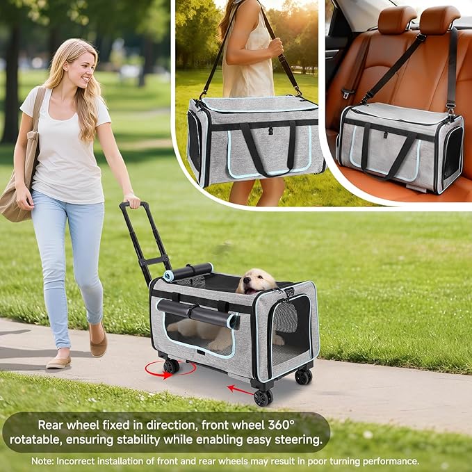 Pet Carrier with Wheels for Cats and Dogs, Pet Bag with Detachable Wheels & Washable Plush Pad, Escape-Proof Zipper & Shoulder Strap, Portable Carrier for Outdoor and Car Travel(Max. 40 lbs)