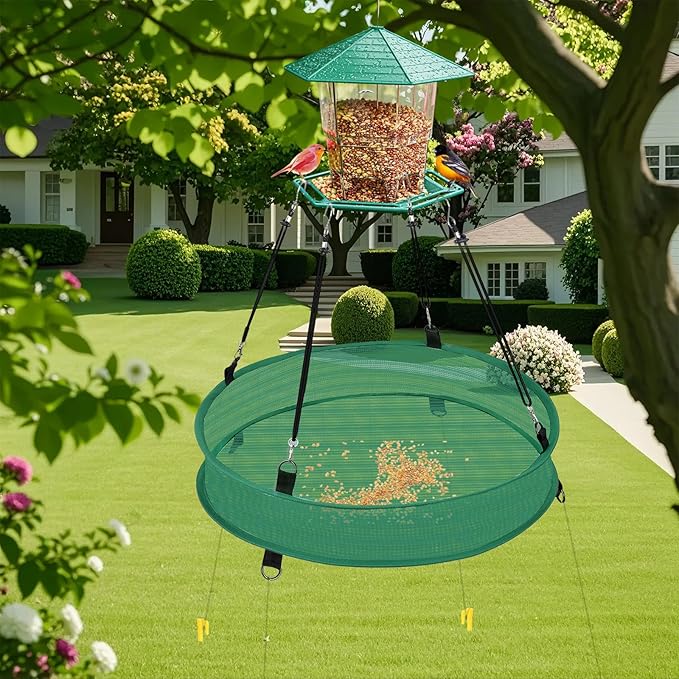 Lettry 2Pcs Bird Seed Catcher Tray with 8pcs Plastic Stakes for Hanging Bird Feeder Platform, Birdseed Hoop for Outdoor Garden Hanging Tray (Green, 18inch)