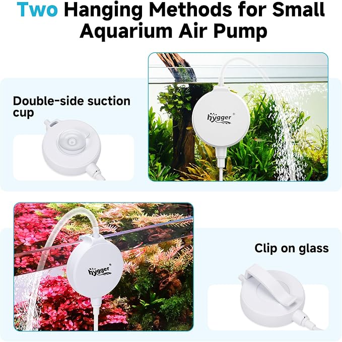 hygger 1.5 Watt Mini Aquarium Air Pump, Quiet Aerator with Air Stone Tubing Suction Cup Clip, Small Fish Tank Bubbler Oxygen Pump for 1 to 15 Gallon Betta Tank, Fish Bowl, Desk Small Tank