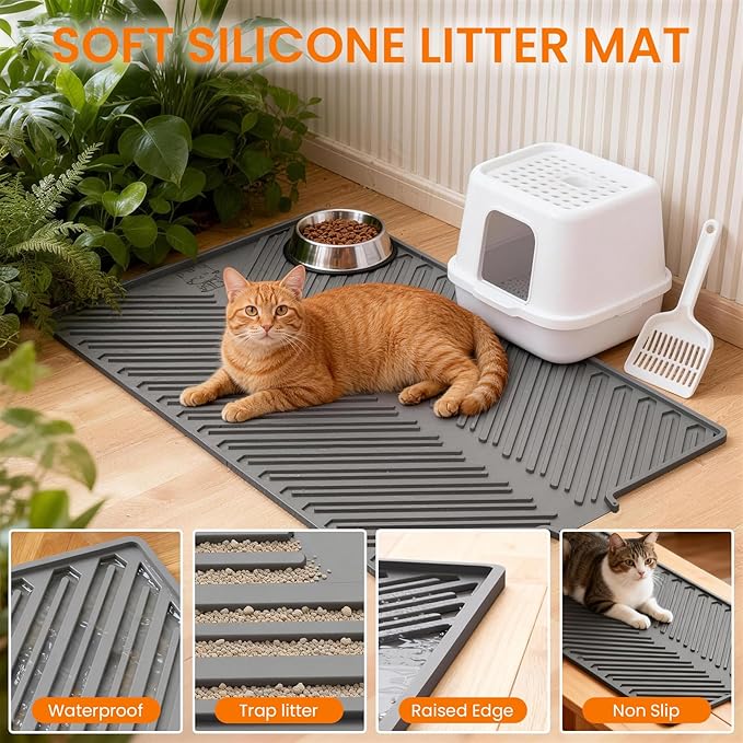 Cat Litter Box Mat, 34" x 22" Large Silicone Waterproof Litter Trapping Mat for Scatter Control, Non-Slip, Easy to Clean, Soft on Kitty Paws