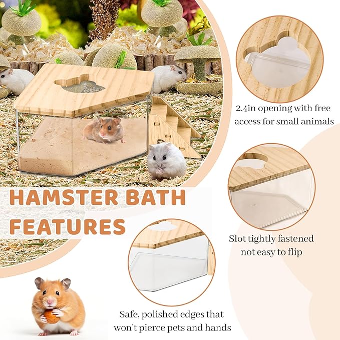 Hamster Sand Bath Box Container, Hamster Bath Sand Gerbil Sand Bath Hamster Dust Bath, Hamster Litter Box Chinchilla Dust Bath Hamster Accessories(Pentagon+Ladder) (Pentagon+Ladder)