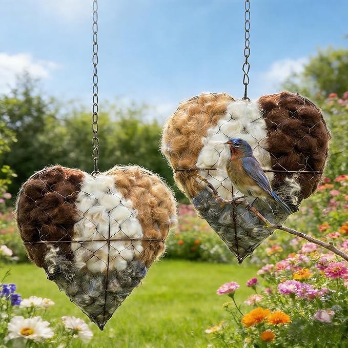 Handmade Alpaca Fiber Bird Nesting Heart with 4 Refill Bags, Reusable Nesting Material Accessory for Wild Birds, Outdoor Garden Decoration, Gift for Bird & Nature Lovers (2 Sets)