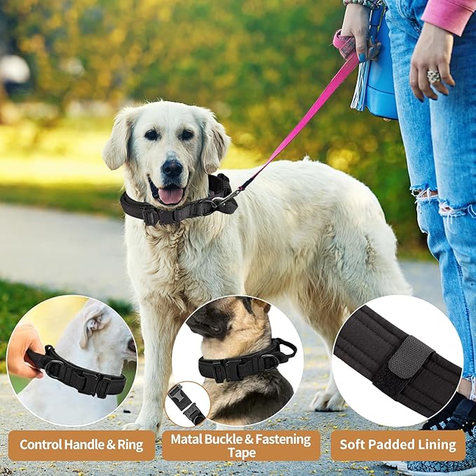 Tactical Dog Collar - Military Dog Collar, Adjustable Heavy Duty Metal Buckle Nylon Collar with Control Handle for Small Medium Large Dogs (Black, M)