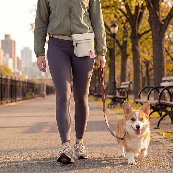 Dog Treat Pouch and Dog Training Clicker, Treat Bag with Poop Bag Dispenser, Powerful Magenetic Clasp, Metal Clip Waist Belt Fanny Pack for Pet Walk Dog Training (White)