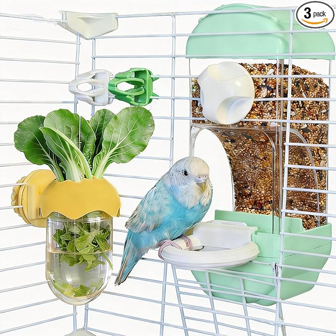 Automatic Bird Cage Feeder No Mess Bird Feeding Station Parrot Vegetable Holder Fruit Clips for Parakeet Cockatoo Canary Lovebirds Budgie (Blue)