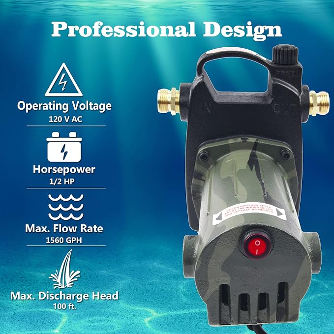 TIGEROAR 120V Water Transfer Pump 1560 GPH Cast Iron 1/2 HP Electric Pump | Portable Pump with 6 ft. Power Cord for Pool Pump with Multipurpose Heavy Duty Water Transferring Irrigation Car Washing
