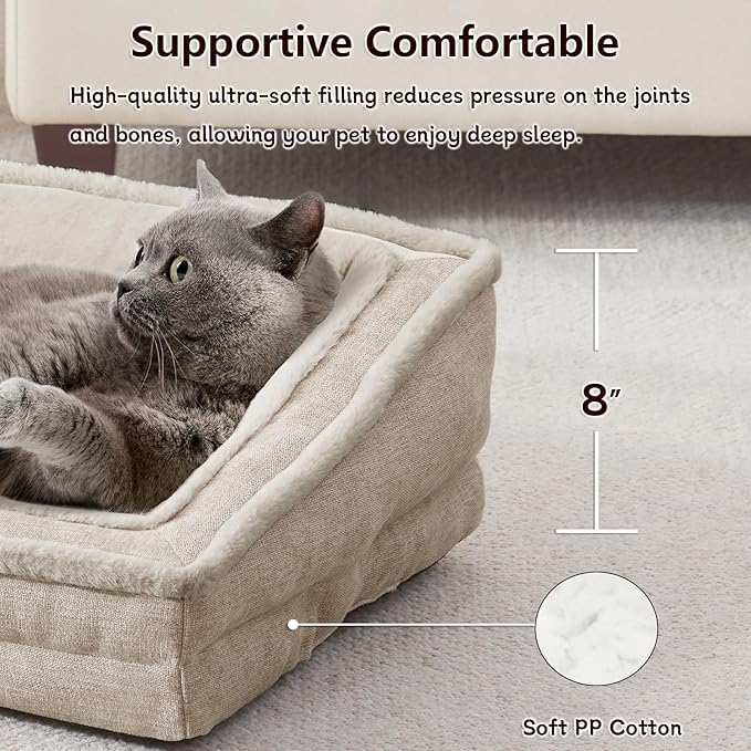 Laojin Balhen Cat Couch for Pets, Washable Cat Beds for Indoor Cats, Super Soft Plush Supportive Dog Couch Bed for Puppy and Kitten with Anti-Slip Bottom, 24inch, Beige