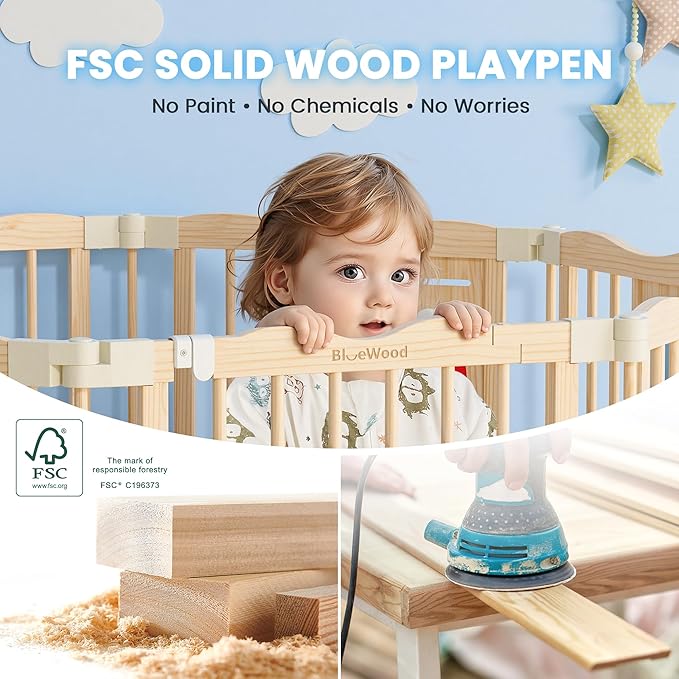 Foldable Wooden Playpen - Adjustable Wood Baby Play Yard with Child-Proof Lock, Indoor Large Safety Fence for Babies and Toddlers - Easy Assembly, 55 x 55 x 24 inches, Animal Bus, Natural