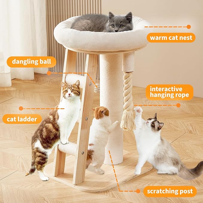 Modern Cat Tree Small Tower with Scratching Post for Indoor, Solid Wood Multifunctional Corner Cat Tree Tower with Bed