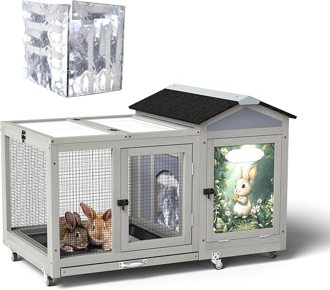 COZIWOW 39IN Heated Rabbit Hutch with Wheels, Insulated Indoor/Outdoor Bunny Cage House with Cleaning Tray, Sun Panel & Animal Pattern, Spacious Rabbit Cage for 1-2 Bunnies, (Warm Grey & Pattern)