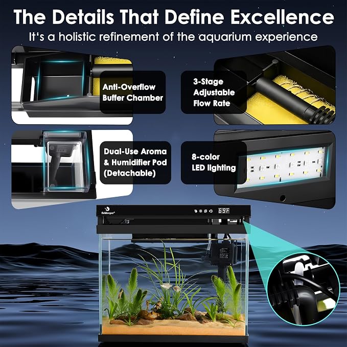 fishkeeper 2.3G Smart Aquarium - HD Glass Fish Tank Kits with Auto Feeder | Self-Cleaning Silent Filter Pump, Aromatherapy, Temperature Display & 7-Color RGB Lights for Desktop, Office, Room