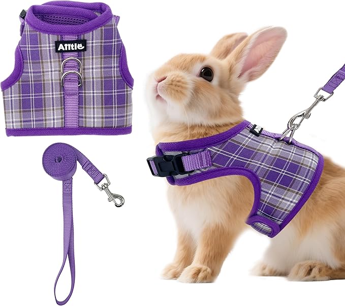 AIITLE Breathable Rabbit Harness and Leash Set - Plaid Pattern Padded Vest with Magic Tape Design, Dual D-Rings, Adjustable for Small Animal Pets, Indoor Outdoor Training Camping, Purple M