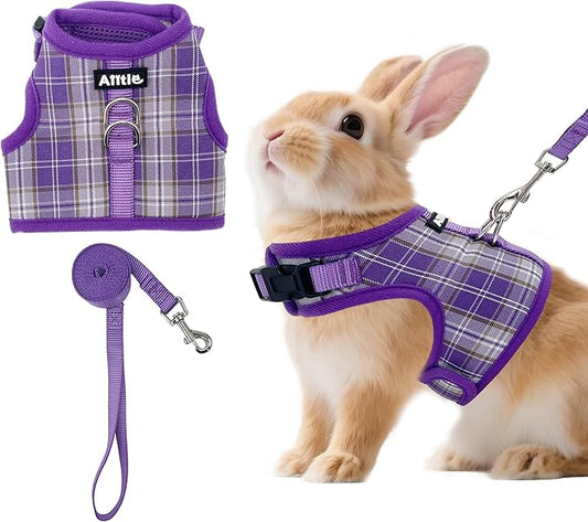 AIITLE Breathable Rabbit Harness and Leash Set - Plaid Pattern Padded Vest with Magic Tape Design, Dual D-Rings, Adjustable for Small Animal Pets, Indoor Outdoor Training Camping, Purple M