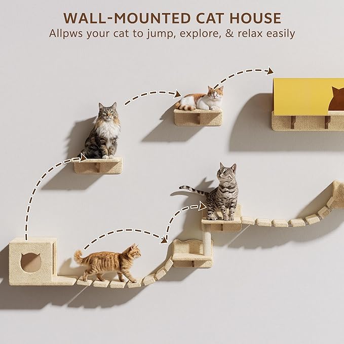 Cat Wall Shelves with Cat Tree, 26-in-1 Wall Mounted Pet Furniture with 40''L Tunnel, Scratching Posts, House, Step and Floating Bridge, Cat Climbing Wall Systems with 63'' Cats Tower, Beige