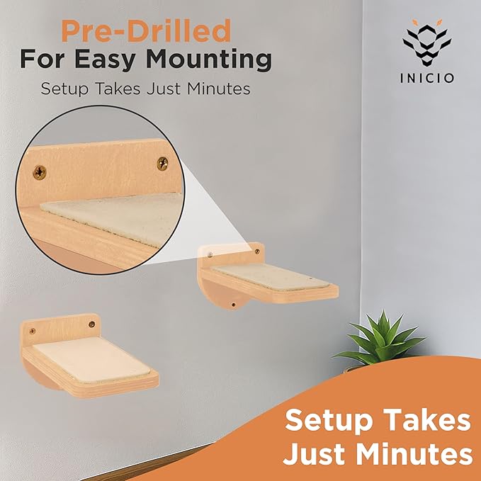 INICIO Cat Wall Stairs, Natural Wood - Set of 3 Wall Steps for Cats to Climb with Fixtures, 8.7"x4.7" - Floating Steps for Climbing or Playing - for Kittens and Adult Cats