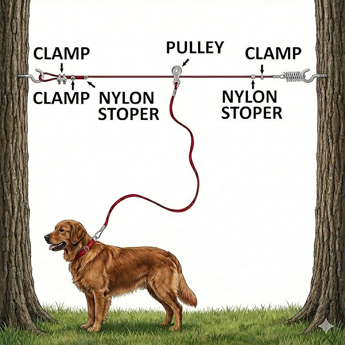 BV 60ft Aerial Pet Trolley System with 10ft Pulley Lead - Heavy Duty Dog Tie Out for Yard up to 125 lbs, Reflective Run Cable (Not a Leash, Bare End)