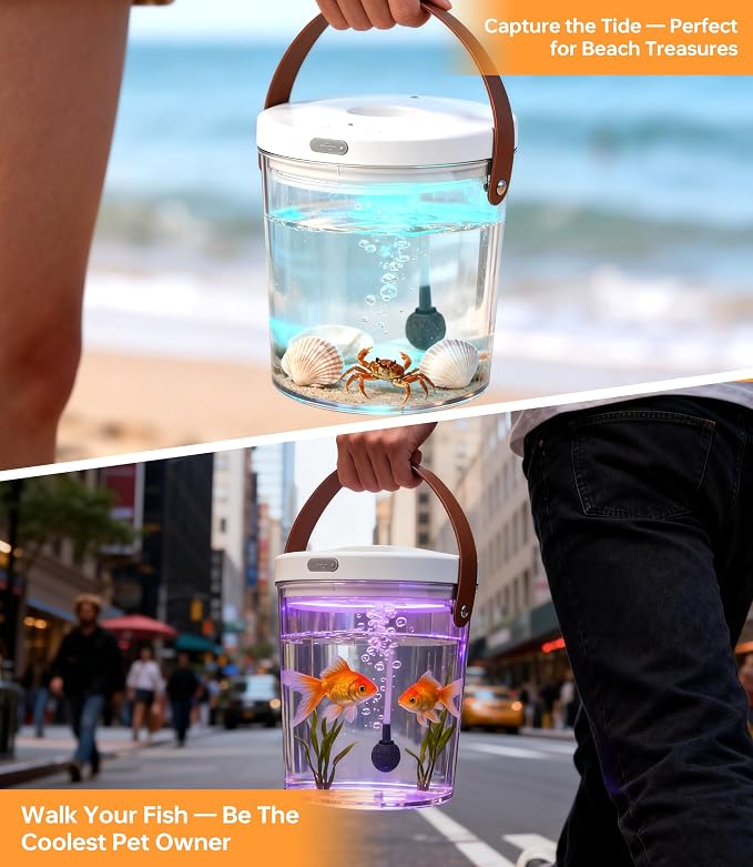 Betta Fish Tank Small Aquarium: 1.2L Portable Plastic Bowl Desktop Fishtank | Mini Beta Tank Kit Critter Keeper Transport Cage Container Travel Carrier Catch and Release for Beach Office Display