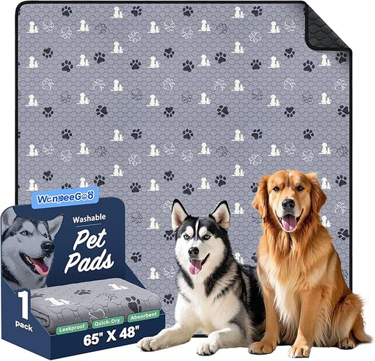 WanpeeGoo Washable Pee Pads for Dogs, Extra Large Dog Mat, Absorbent Reusable Training Dog Pads Pet Puppy Pads, Non-Slip Potty Pads for Whelping, Playpen, Crate, Bed, Grey 65"x48"
