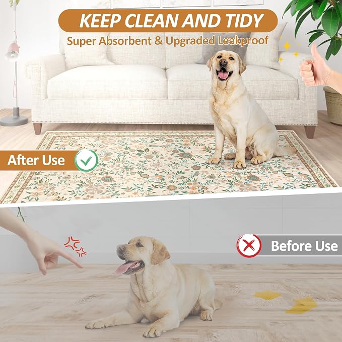Washable Pee Pads for Dogs, 2 Pack Super Absorbent Reusable Puppy Pads with Colorful Flowers Patterns for Potty Training, Floor, Couch, Bed, and Crate,36"x 48"