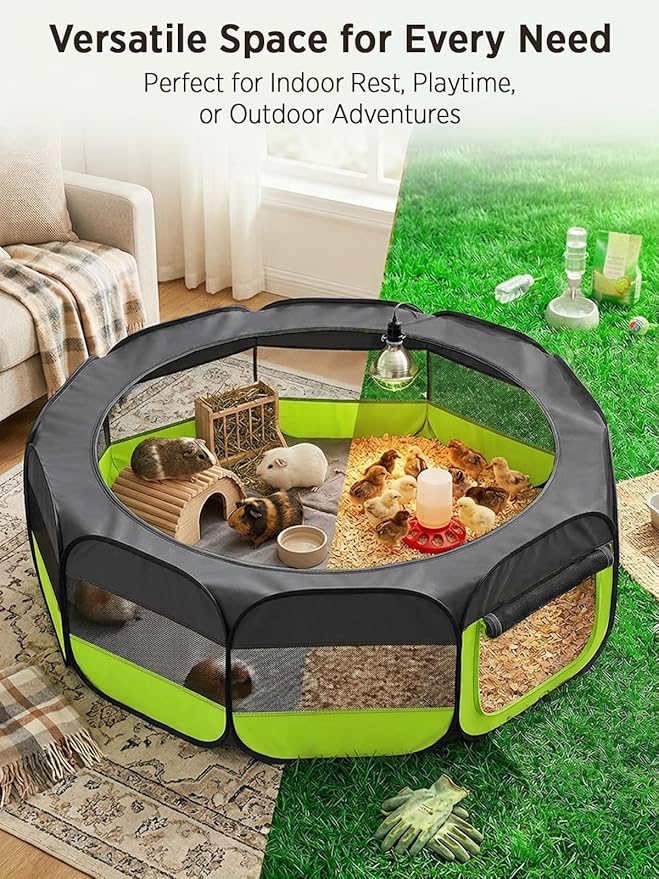 UWE Extra Large Small Animal Playpen, XL Portable Pet Playpen for Rabbit, Kitten, Guinea Pig, Hamster, Puppy – Waterproof Foldable Mesh Tent with Zipper Cover, Indoor Outdoor Use,Light Green