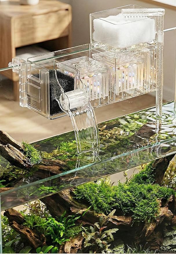 Aquarium Filter Fish Tank Filter Waterfall Low Water Level External Hang-on Filter with Independent Filter Box Replaceable Filter Sponge Multi-Stage Filtration for Turtle Tank Small Fish Tank