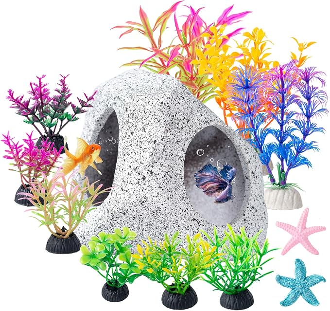 12 PCS Aquarium Decoration Cave Set, Ceramic Fish Tank Hideaway Rock | Colorful Plastic Aquarium Plants & Resin Starfish, Small Fish Tank Ornaments for Pet Fish to Hideout and Rest