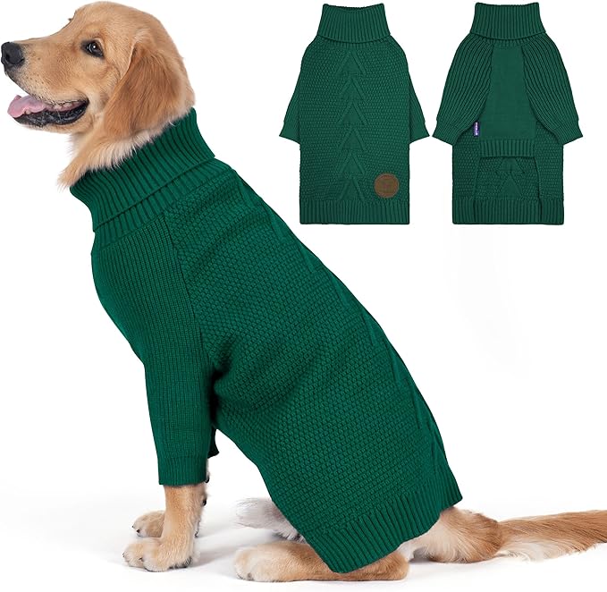 cyeollo Dog Sweater Pullover Turtleneck for Large Dogs, Classic Knitwear Fall Winter Cold Weather Dog Clothes Warm Pet Apparel Large Big Dogs Sweaters, Green 3XL