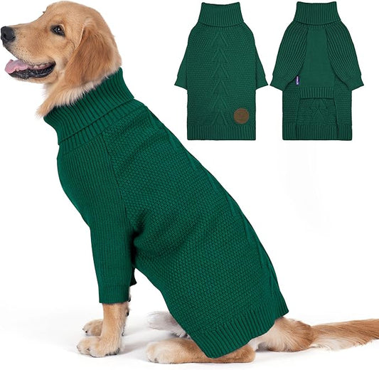 cyeollo Dog Sweater Pullover Turtleneck for Large Dogs, Classic Knitwear Fall Winter Cold Weather Dog Clothes Warm Pet Apparel Large Big Dogs Sweaters, Green 3XL