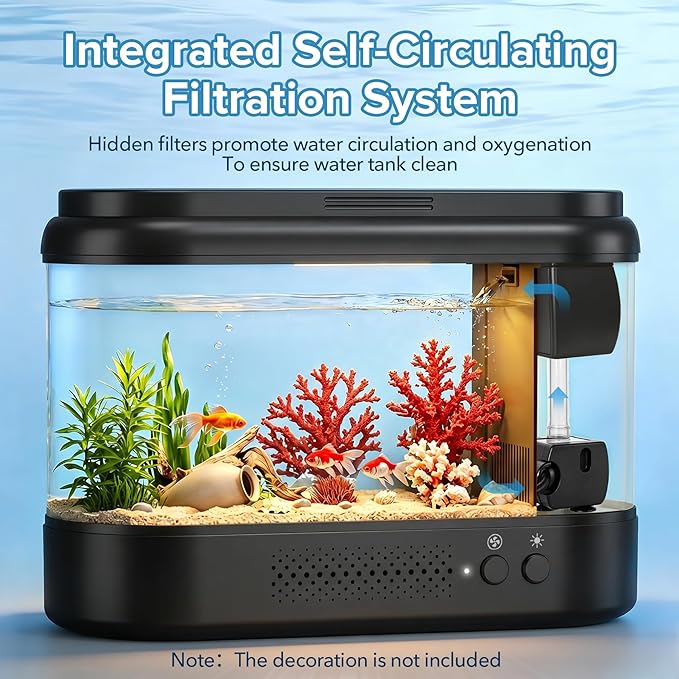 Betta Fish Tank Black 1 Gallon Acrylic Small Aquarium Kit | with Water Filter Pump & LED Light,Quiet Office Desktop Fish Bowl for Small Fish,Plants and Shrimp