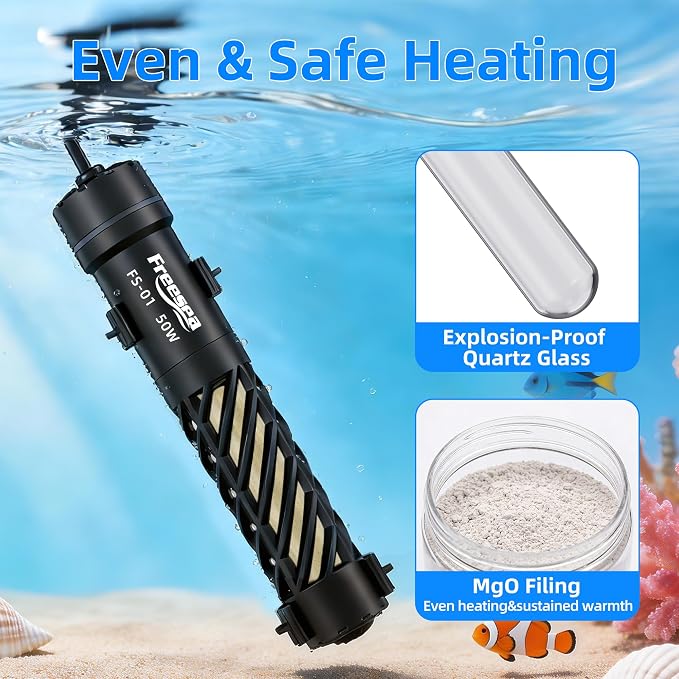 FREESEA Aquarium Heater for Fish Tank: 50W Small Submersible Thermostat with Off-Water Protection & UL Certified Cord for 3-10 Gallon Fish Turtle Tanks Enthusiasts | 50W Worry-Free Heating via Dry Run Protection for 3-10 gal Betta Turtle & Saltwater Tank