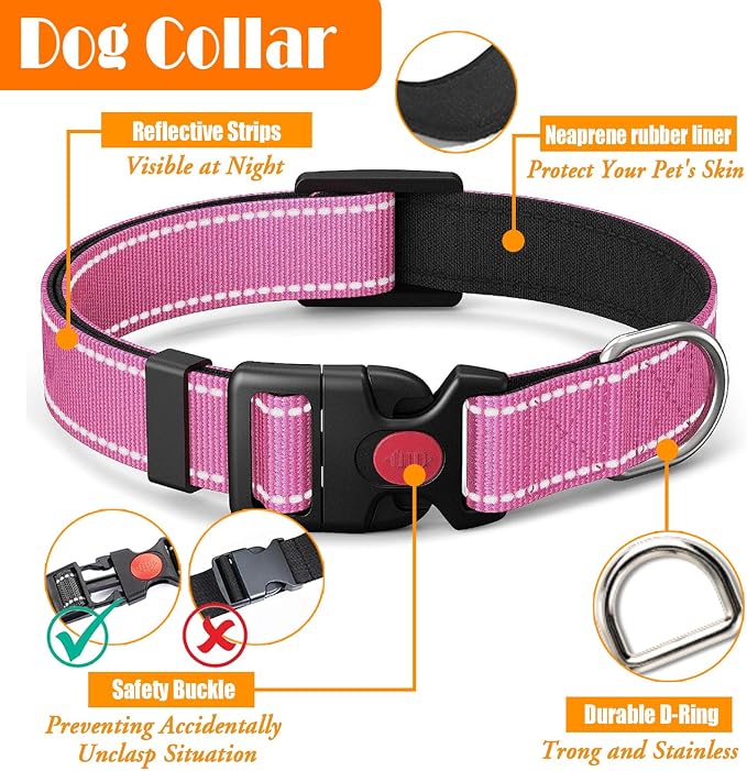 LOBEVE No Pull Dog Harness, Collar & Leash Set | Includes Dog Seat Belt, Collapsible Bowls & Poop Bag Dispenser. Ideal for Training, Walking, Hiking. Fits Small to Large Dogs(Pink-M)