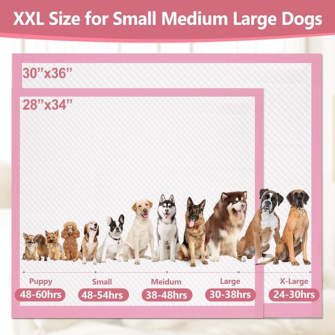 Gimars XL 6-Layer Ultra Absorbent 1200ml 48-Hour Leak-Proof Dog Pee Pads, Quick Dry Extra Large Puppy Pads for Puppy Training, Senior & Incontinent Dogs, Cats, Overnight Use, 30"x36", 50 Count Pink