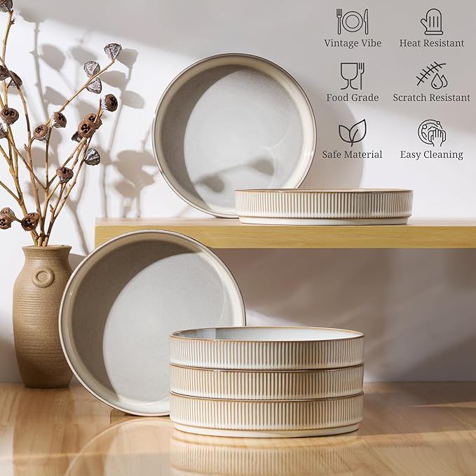 E-far Pasta Bowls Set of 6, 35oz Large Salad Bowl Plate for Dinner Serving, Wide & Shallow Ceramic Stoneware Pasta Plates, Microwave & Dishwasher Safe, Reactive Glaze Textured Stripes, Creamy Beige