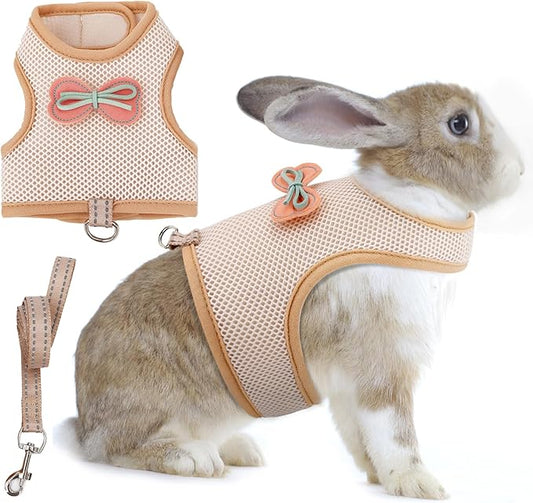 AIITLE No-Choke Rabbit Harness & Leash - Double-Layer Mesh, Reflective Safety Strap for Indoor/Outdoor Use, Perfect for Small Pets (Squirrels, Puppies, Holland Lops) Beige M