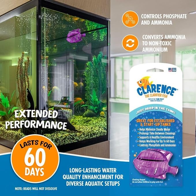 Clarence the Clarifier Fish - 1 pk, Purple - Aquarium Treatment, Clear Cloudy Fresh-Saltwater, Fish-Plant Safe, 10gal Tank Maintenance Each | Fish-shaped filter media, fresh & saltwater safe, controls ammonia & phosphate, up to 60 days per 10 gal