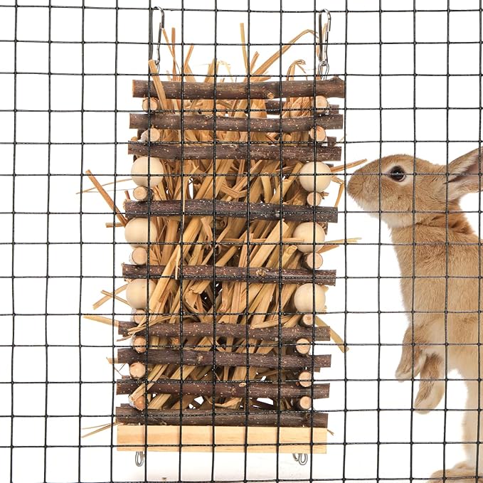 Eorbow Wood Rabbit Hay Feeder, 7" Hanging Grass Holder with 2 Hooks, Small Animals Feeding Hay Manager for Cage, Bunny Hay Feeder Rack for Chinchilla Guinea Pig Hamster Gerbil