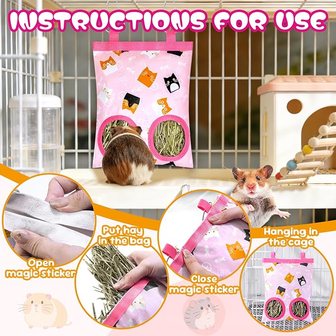 2 Pack Rabbits Hay Feeder Bag, 2 Holes Hanging Bunny Hay Feeder Guinea Pig Feeding Bag Storage Dispenser for Bunny Rabbits Chinchillas Hamsters Small Pets and Animals