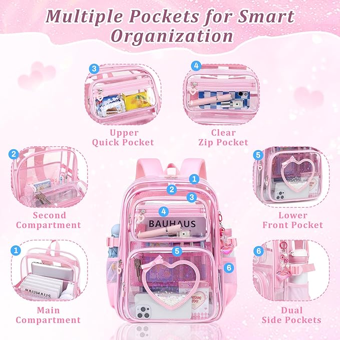 Clear Backpack for School Girls, Cute Heavy Duty PVC Transparent Bookbag, See-Through Bag for Stadium Event Pink
