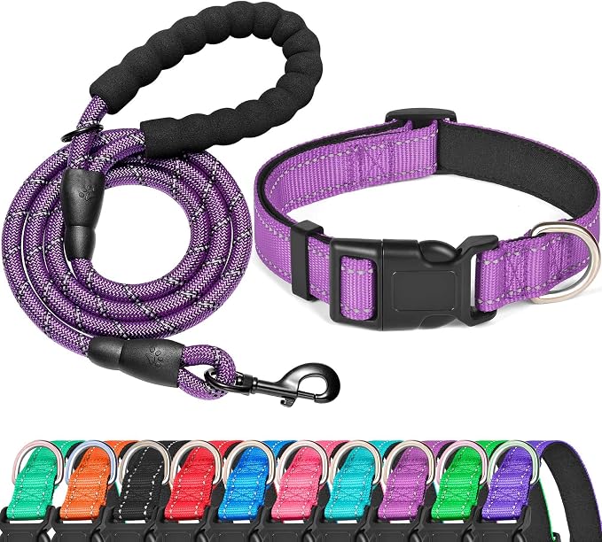 Ladoogo Reflective Dog Collar Padded with Soft Neoprene Breathable Adjustable Nylon Dog Collars for Small Medium Large Dogs (Large (Pack of 1), Purple Collar+Leash)