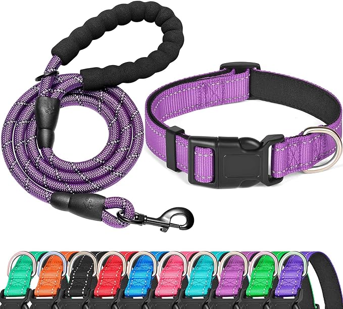 Ladoogo Reflective Dog Collar Padded with Soft Neoprene Breathable Adjustable Nylon Dog Collars for Small Medium Large Dogs (X-Small (Pack of 1), Purple Collar+Leash)