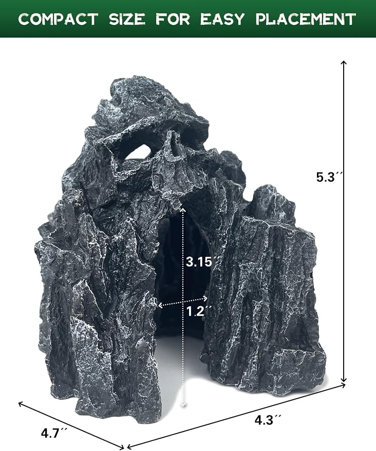 Aquarium Decor - Small Skull Rock Cave for Fish Tank, Aquarium Hideout Ornament with Skull Texture for Betta, Guppy, Shrimp, Spider - Aquatic Hide Decoration, Fish Hiding House（Black）