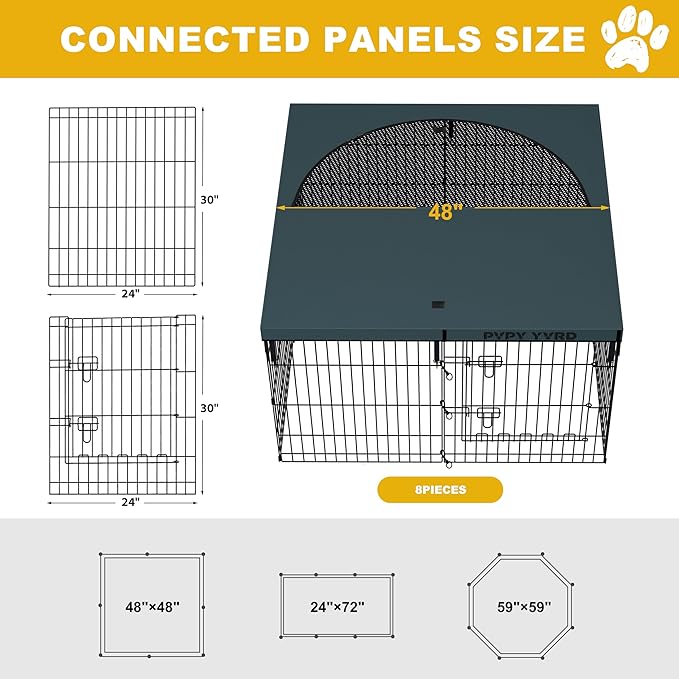 Dog Playpen with Top Cover,Foldable Metal Puppy Play Pen,24x30in 8 Panels Dog Playpen with Door for Indoor Outdoor,Heavy-Duty Pet Exercise Fence for Small Medium Animals