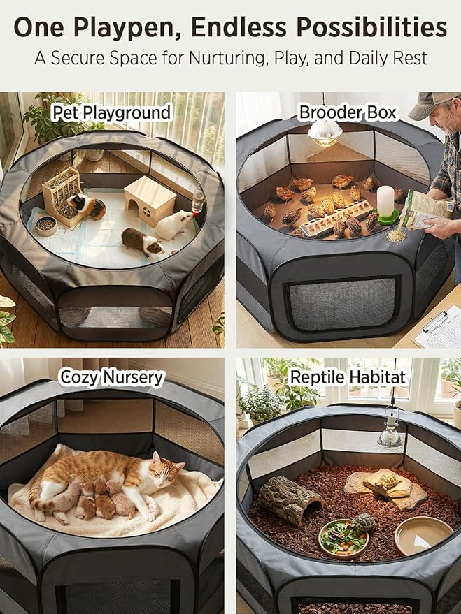 UWE Extra Large Small Animal Playpen, XL Portable Pet Playpen for Rabbit, Kitten, Guinea Pig, Hamster, Puppy – Waterproof Foldable Mesh Tent with Zipper Cover, Indoor Outdoor Use, Dark Grey