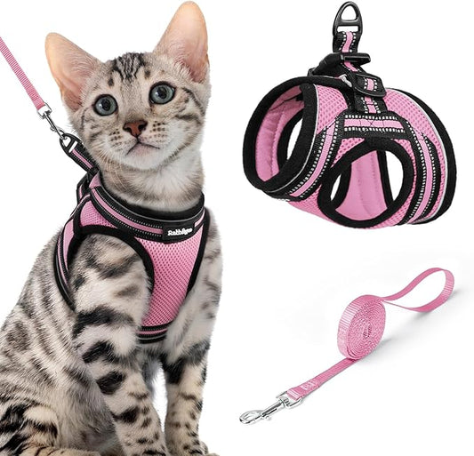 rabbitgoo Cat Harness and Leash Set for Walking Escape Proof, Adjustable Soft Kittens Vest with Reflective Strip for Cats, Comfortable Outdoor Vest, Pink, XL